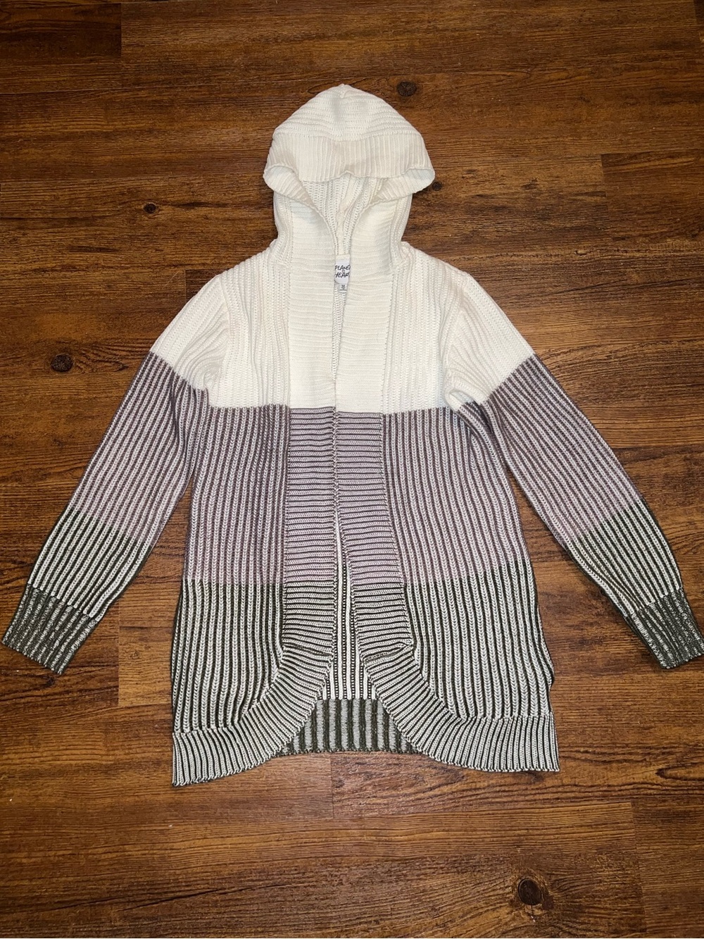 Colorblock Knit Sweater Cardigan Open Front Earthy Boho White Brown Size M